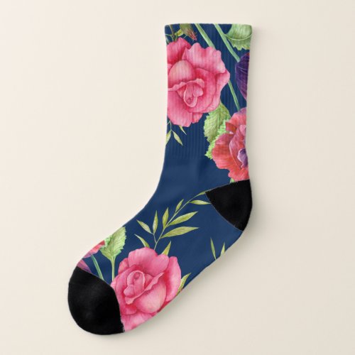 Chic Modern Red Pink Flowers on Dark Navy Socks