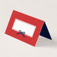 Chic Modern Red Polka Dot with Blue Ribbon Place Card