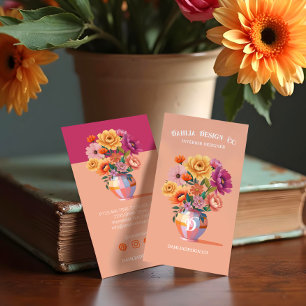 Chic Modern Retro Checkered Vase & Bold Florals Business Card