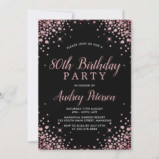 Chic Modern Rose Gold Glitter Black 80th Birthday  Invitation (Front)