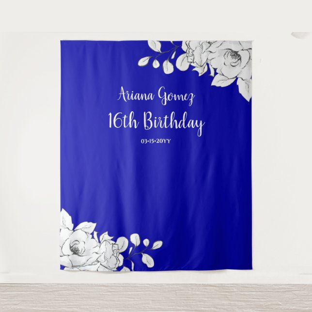 Chic Modern Royal Blue White Floral Backdrop (Front)