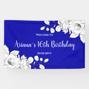 Chic Modern Royal Blue White Floral Birthday Banner