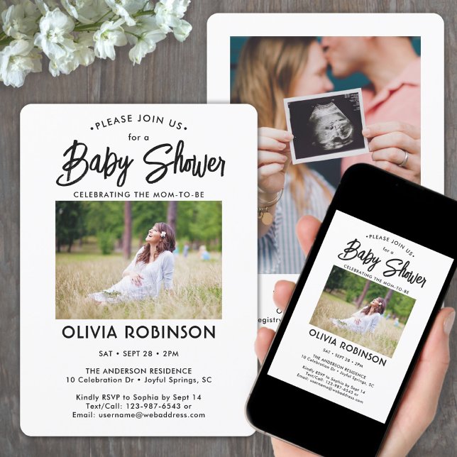 Chic Modern Script 2 Photo Minimal Baby Shower Invitation (Creator Uploaded)