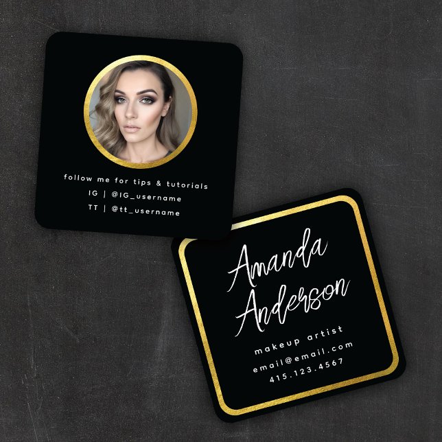 Chic Modern Script Black + Gold Photo Square Business Card (Creator Uploaded)