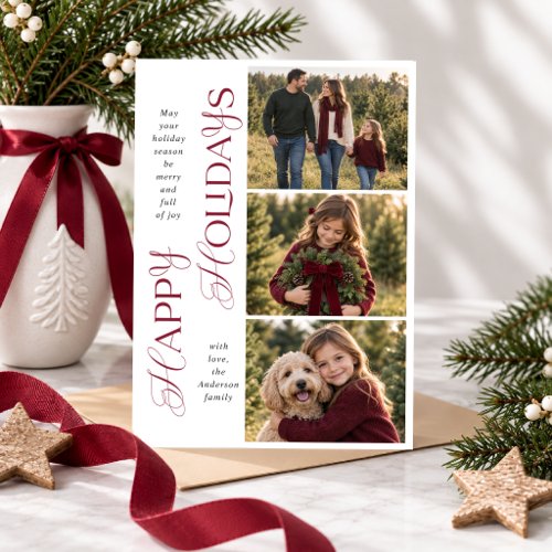 Chic Modern Script Burgundy Happy Holidays Photo Holiday Card