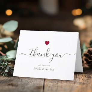 Chic Modern Script Calligraphy Burgundy Red Heart Letterpress Thank You Card