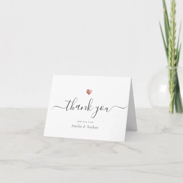Chic Modern Script Calligraphy Rose Gold Heart Thank You Card | Zazzle