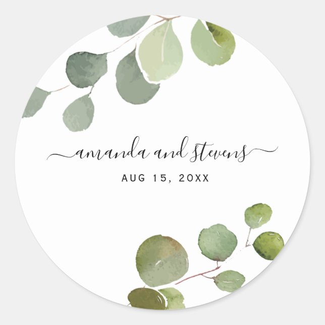 Chic Modern Script Eucalyptus Wedding Sticker (Front)