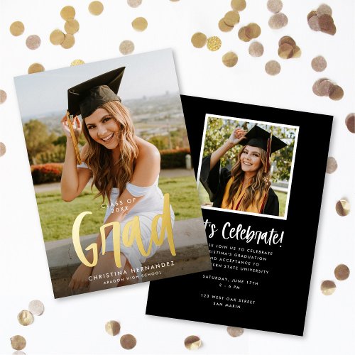 Chic Modern Script Grad Photo Graduation Gold Foil Invitation