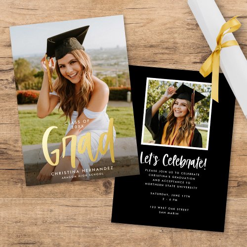 Chic Modern Script Grad Photo Graduation Gold Foil Invitation