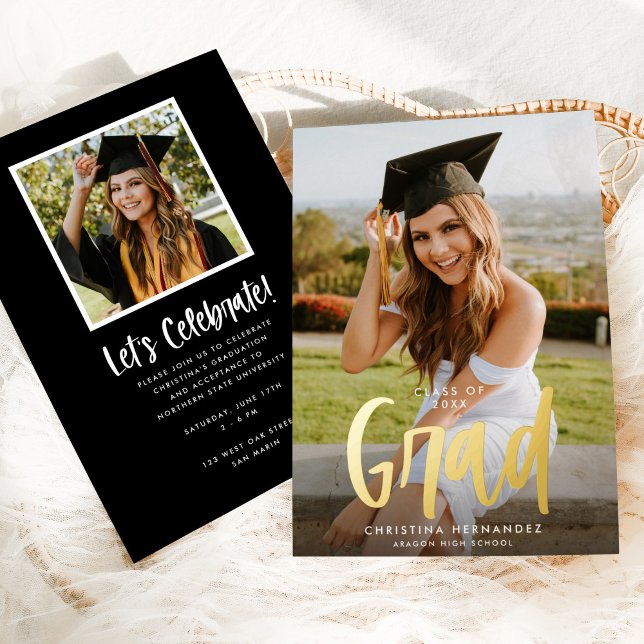 Chic Modern Script Grad Photo Graduation Gold Foil Invitation (Creator Uploaded)
