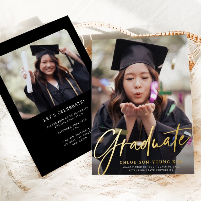 Chic Modern Script Graduate Photo Graduation Gold Foil Invitation (Creator Uploaded)