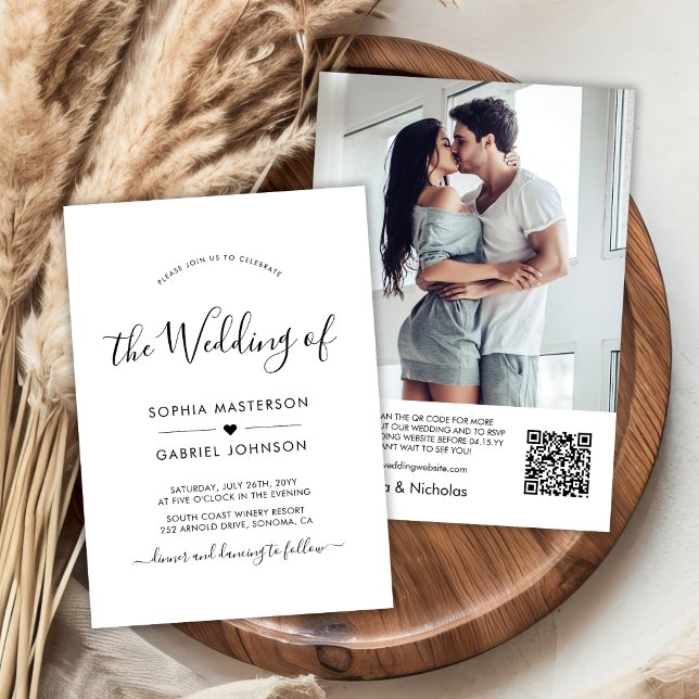 Chic Modern Script Heart QR Code Photo Wedding Invitation (Creator Uploaded)
