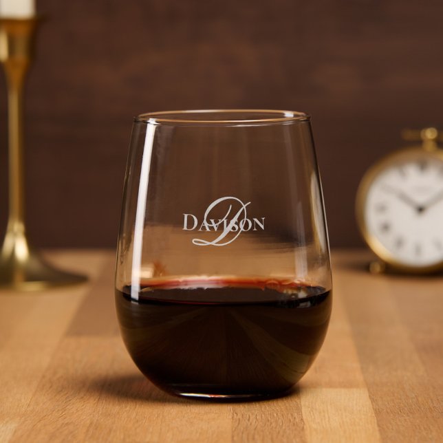 Chic Modern Script Monogram Name Stemless Wine Glass (Creator Uploaded)