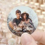 Chic Modern Script & Photo Bridal Shower Thank You Classic Round Sticker<br><div class="desc">Add an elegant touch to bridal shower party favors, invitations and thank you notes with custom photo round stickers / envelope seals. The picture and all wording on this template are simple to personalize for a couple's wedding shower, engagement party or other event. (IMAGE PLACEMENT TIP: An easy way to...</div>