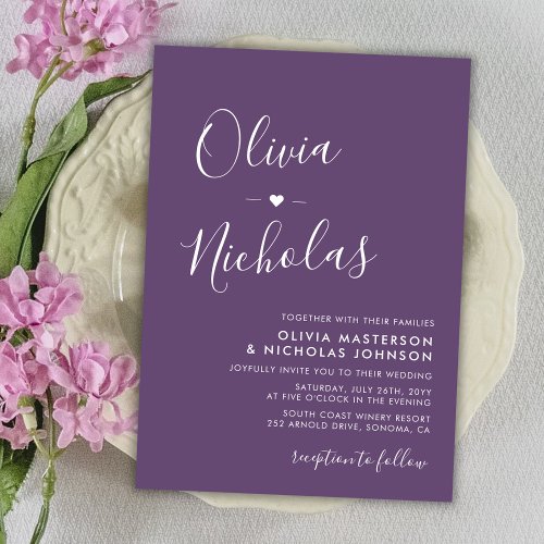 Chic Modern Script Purple Monogram Wedding Invitation