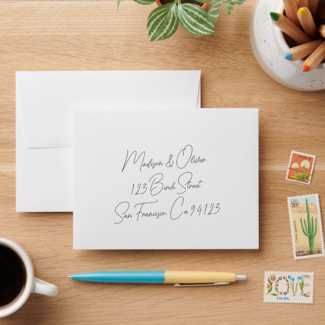 Chic Modern Script Self-Addressed Wedding Reply Envelope (Desk)