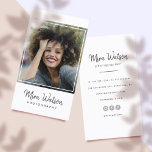 Chic Modern Script Typography Simple Photographer Business Card<br><div class="desc">Modern and professional photography business cards featuring your photo in a simple white frame with trendy minimalist script typography. Add your contact information to the back. This stylish design includes three social media icons and a field for your username.</div>