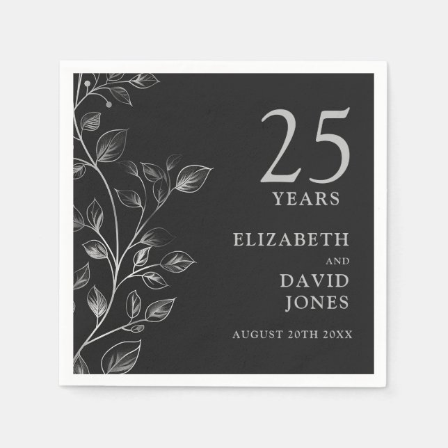 Chic Modern Silver Floral 25th Wedding Anniversary Napkins (Front)