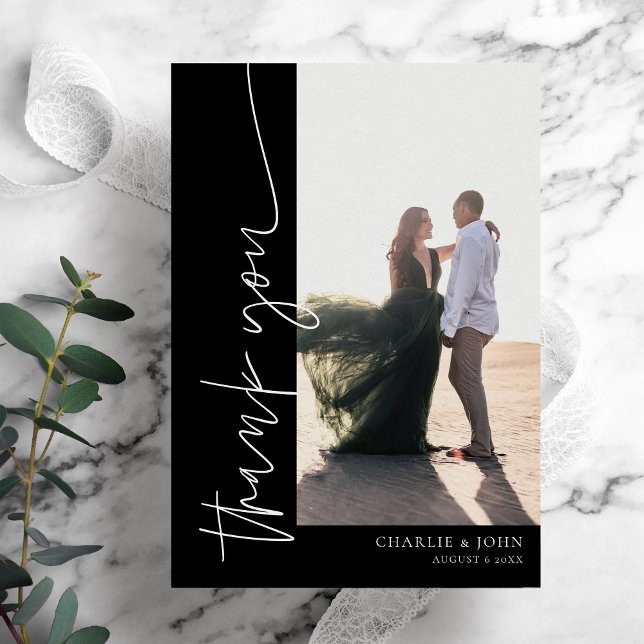 Chic Modern Simple Photo Black and White Wedding Thank You Card (Creator Uploaded)