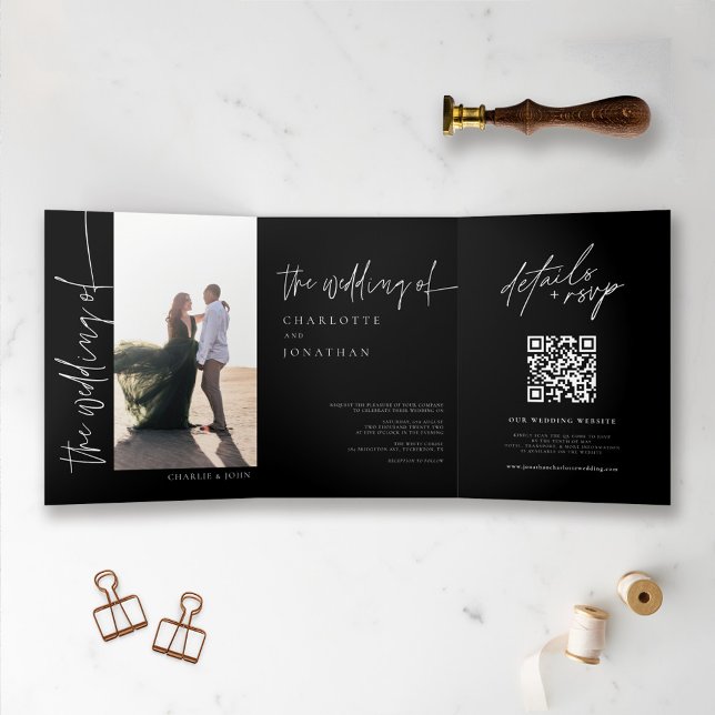 Chic Modern Simple Photo Black and White Wedding Tri-Fold Invitation (Creator Uploaded)