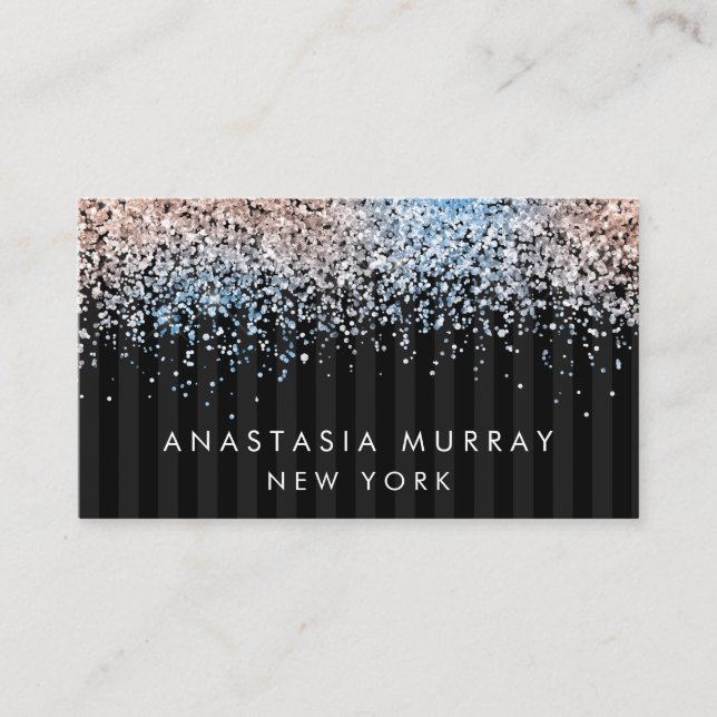 Chic Modern Striped Black and Gray Glitter Luxury Business Card (Front)