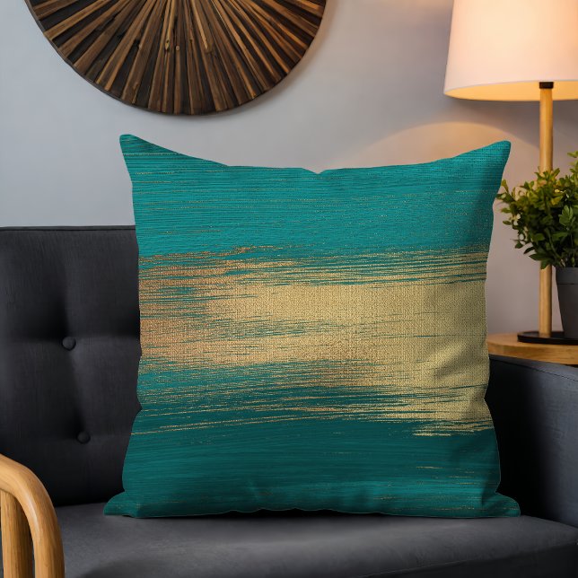 Chic Modern Teal Gold Abstract Brushstrokes Throw Pillow (Creator Uploaded)