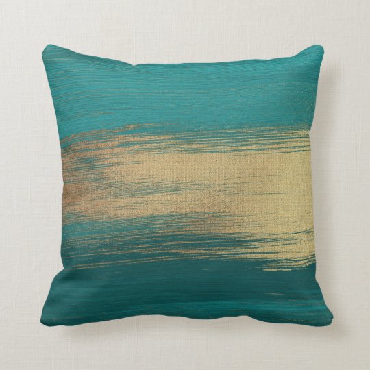 Chic Modern Teal Gold Abstract Brushstrokes Throw Pillow