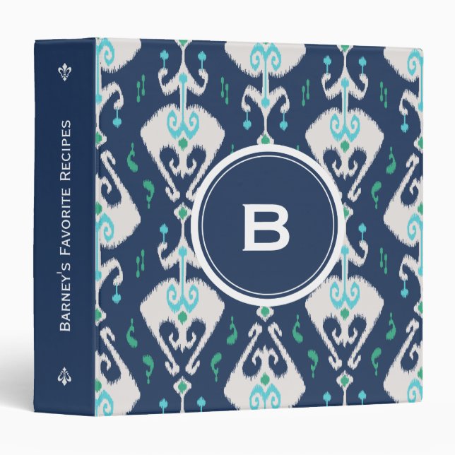 Chic modern teal navy blue ikat tribal pattern binder (Front/Spine)