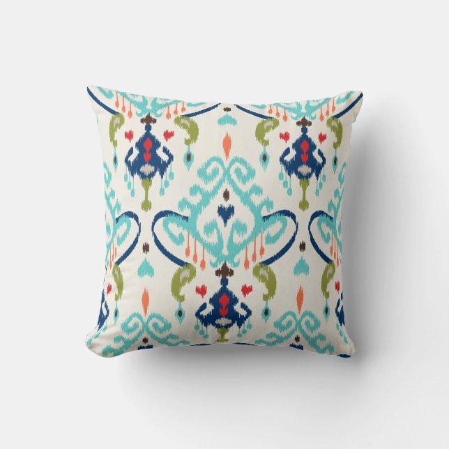 Chic modern teal navy blue ikat tribal pattern throw pillow (Front)