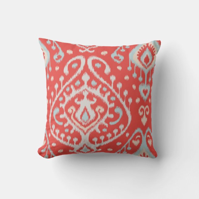 Chic modern teal red girly ikat tribal pattern throw pillow (Front)