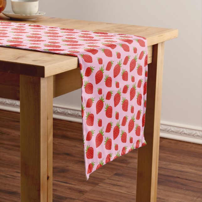 Chic Modern Trendy Pink Red Strawberry Pattern Short Table Runner (In Situ)