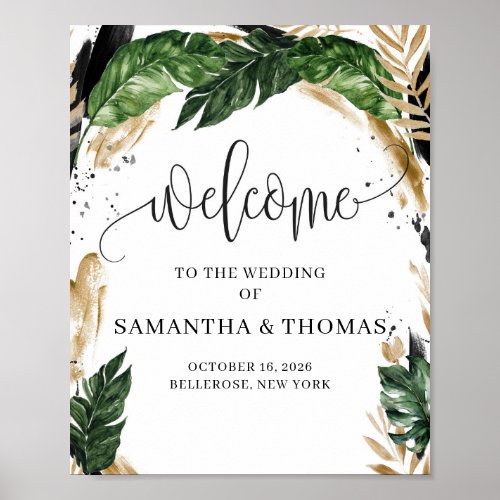 Chic modern tropical leaves wedding welcome sign