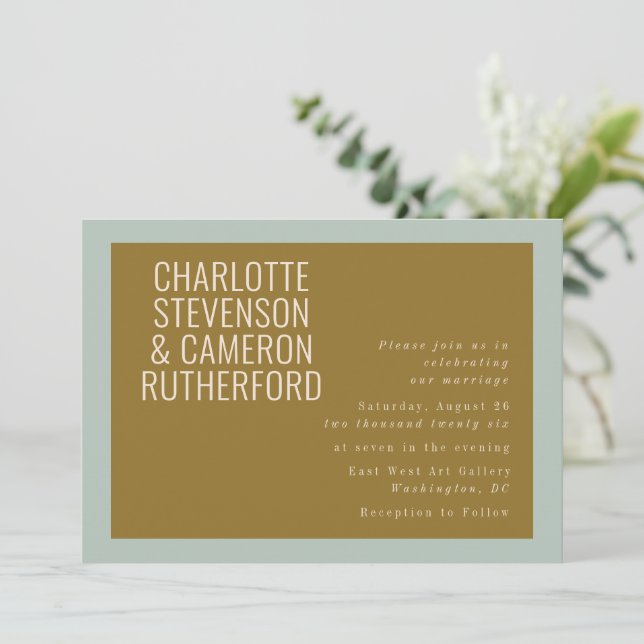 Chic Modern Typography Blue and Olive Wedding Invitation (Standing Front)