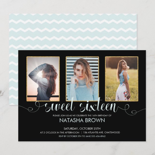 Chic Modern Typography Sweet 16 Birthday Photo Invitation (Front/Back)