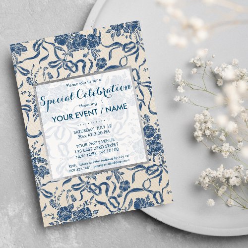 Chic Modern Vintage Ivory Navy Blue Floral Event Invitation