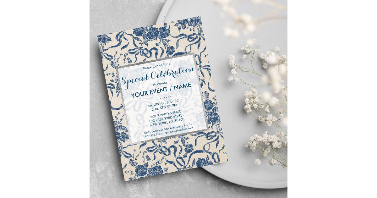 Chic Modern Vintage Ivory Navy Blue Floral Event Invitation | Zazzle