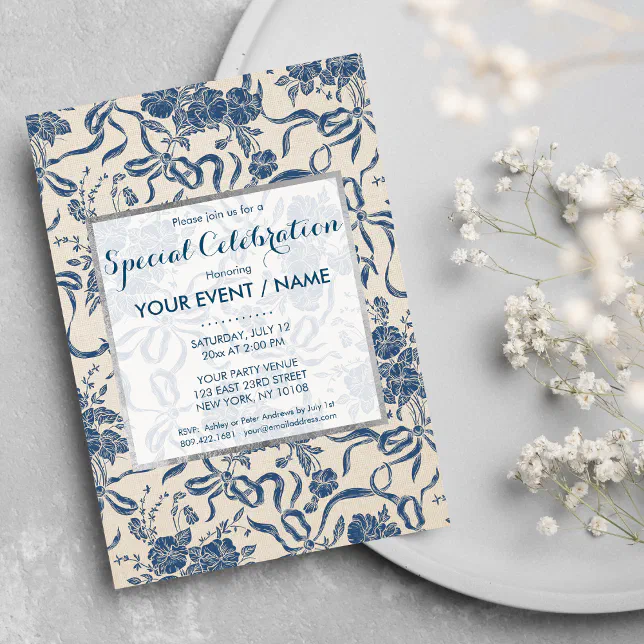 Chic Modern Vintage Ivory Navy Blue Floral Event Invitation | Zazzle
