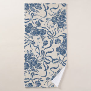 Chic Modern Vintage Ivory Navy Blue Floral Pattern Bath Towel