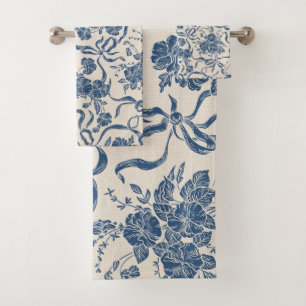 Chic Modern Vintage Ivory Navy Blue Floral Pattern Bath Towel Set