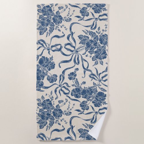 Chic Modern Vintage Ivory Navy Blue Floral Pattern Beach Towel