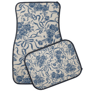 Chic Modern Vintage Ivory Navy Blue Floral Pattern Car Floor Mat