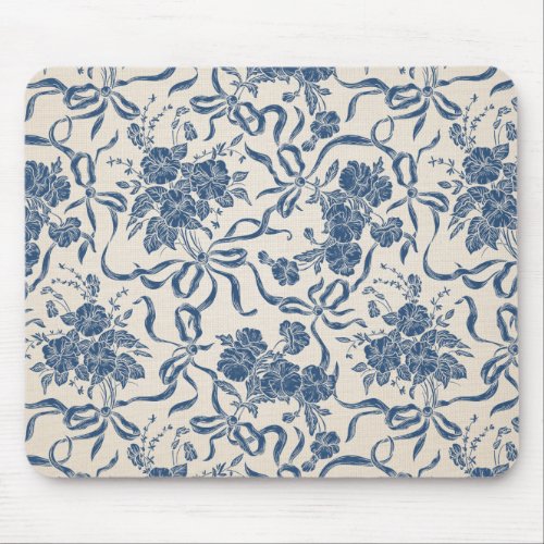 Chic Modern Vintage Ivory Navy Blue Floral Pattern Mouse Pad