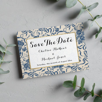 Chic Modern Vintage Ivory Navy Blue Floral Pattern Save The Date by girly_paradise at Zazzle