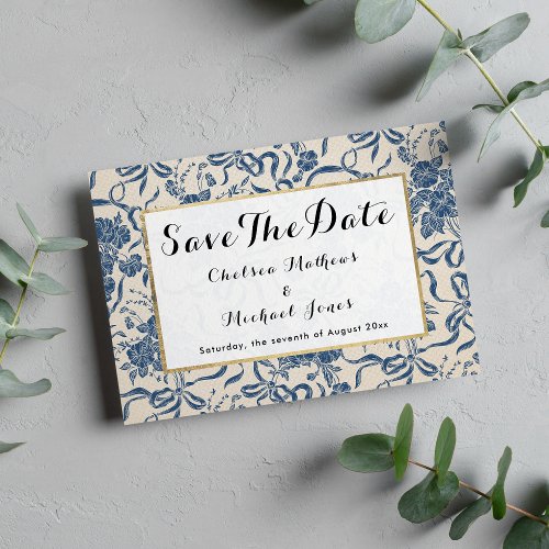 Chic Modern Vintage Ivory Navy Blue Floral Pattern Save The Date
