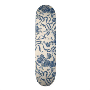 Chic Modern Vintage Ivory Navy Blue Floral Pattern Skateboard
