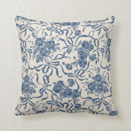 Chic Modern Vintage Ivory Navy Blue Floral Pattern Throw Pillow