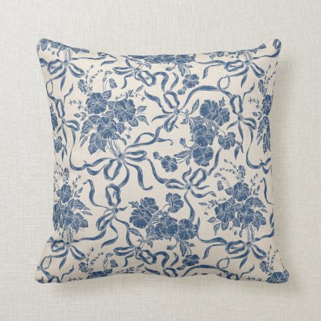 Chic Modern Vintage Ivory Navy Blue Floral Pattern Throw Pillow