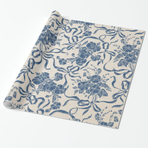 Chic Modern Vintage Ivory Navy Blue Floral Pattern Wrapping Paper