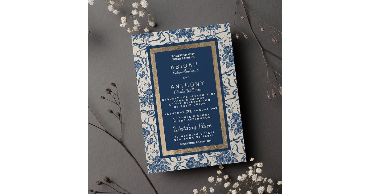 Chic Modern Vintage Ivory Navy Blue Floral Wedding Invitation | Zazzle